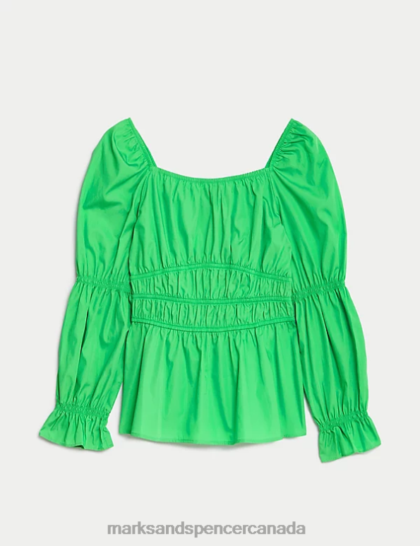 Marks and Spencer near me - Women Acid Green Clothing Marks & Spencer Pure Cotton Square Neck Shirred Blouse 20VTD1145