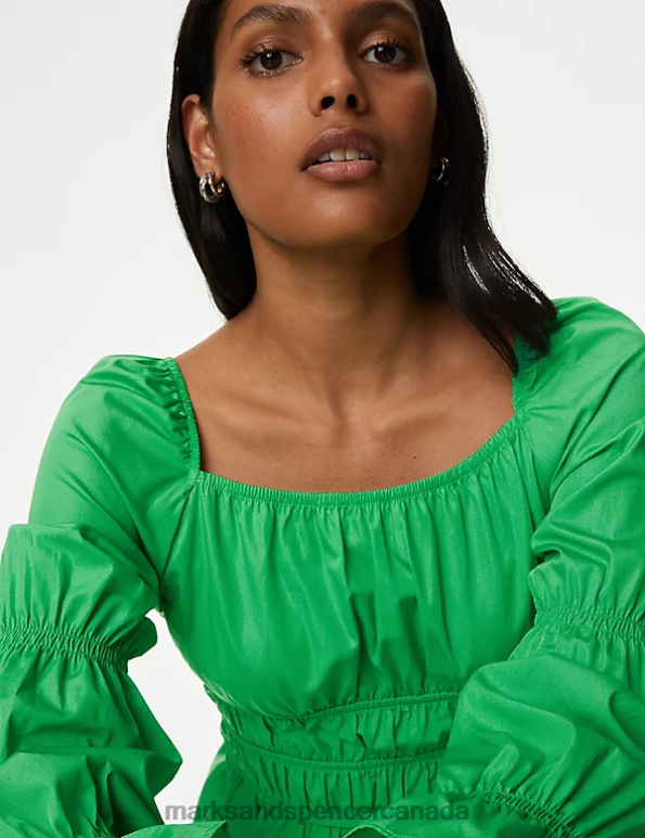 Marks and Spencer near me - Women Acid Green Clothing Marks & Spencer Pure Cotton Square Neck Shirred Blouse 20VTD1145