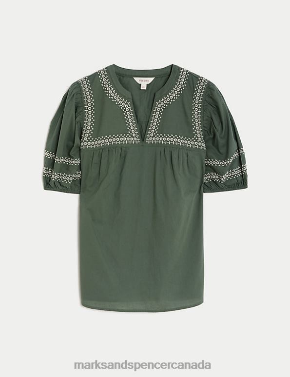 Women Antique Green Clothing Marks & Spencer Pure Cotton Embroidered Notch Neck Blouse 20VTD972 - Marks and Spencer outlet