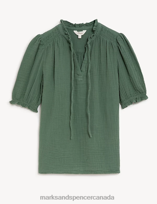 Women Antique Green Clothing Marks & Spencer Pure Cotton Textured Notch Neck Blouse 20VTD2130 - Marks and Spencer outlet