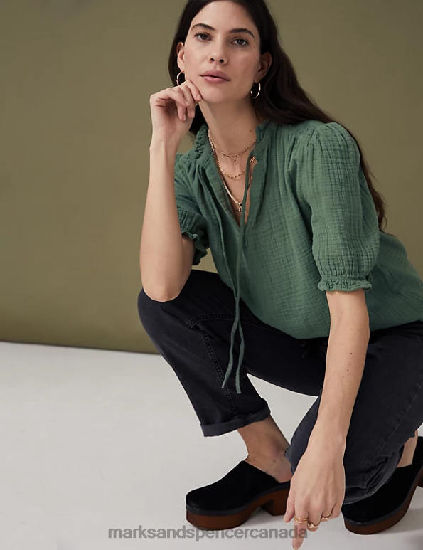 Women Antique Green Clothing Marks & Spencer Pure Cotton Textured Notch Neck Blouse 20VTD2130 - Marks and Spencer outlet