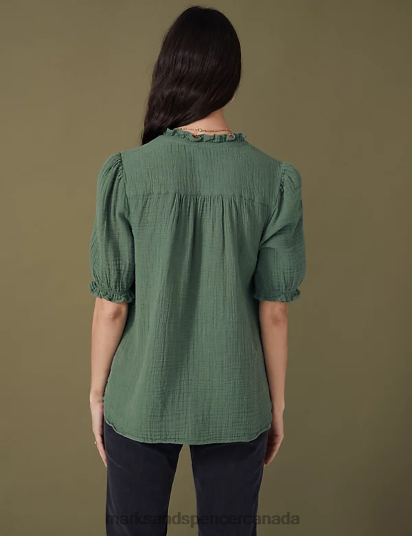 Women Antique Green Clothing Marks & Spencer Pure Cotton Textured Notch Neck Blouse 20VTD2130 - Marks and Spencer outlet