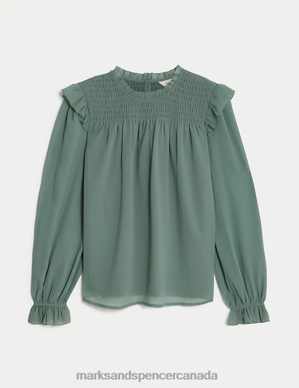 Marks and Spencer Canada - Women Antique Green Clothing Marks & Spencer Shirred High Neck Frill Detail Blouse 20VTD1141