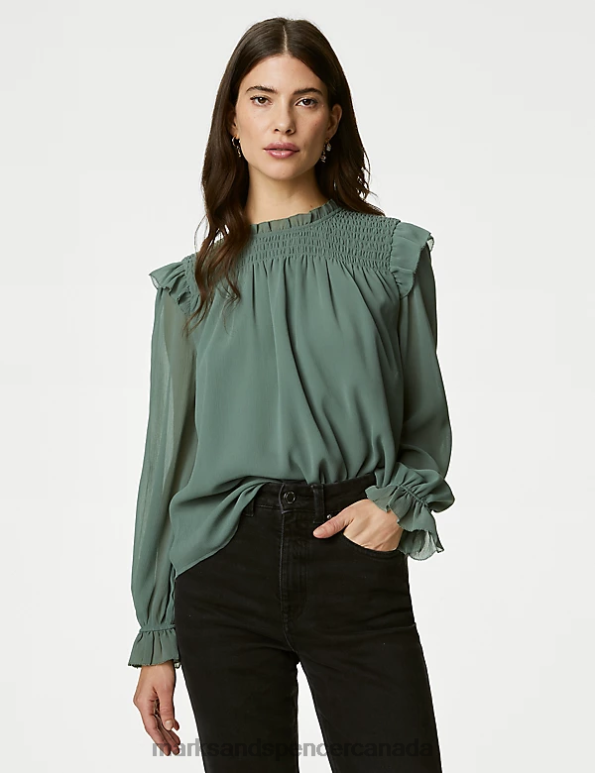 Marks and Spencer Canada - Women Antique Green Clothing Marks & Spencer Shirred High Neck Frill Detail Blouse 20VTD1141