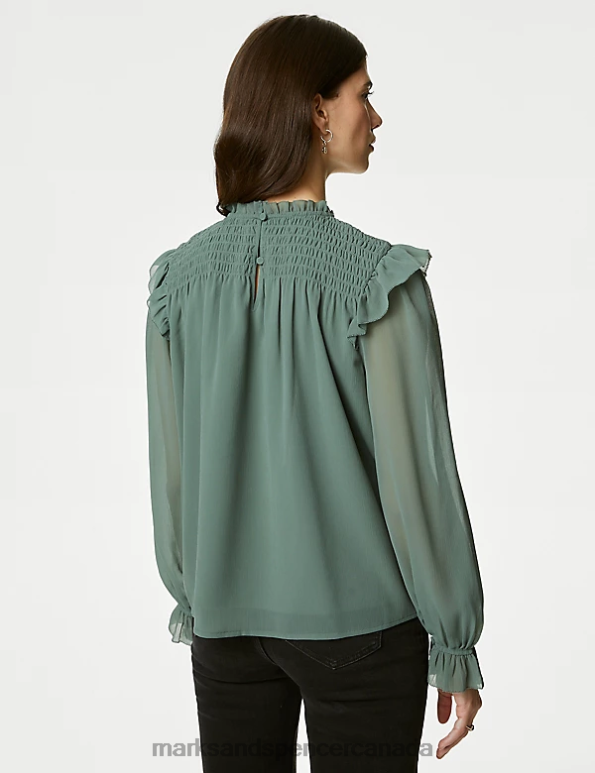 Marks and Spencer Canada - Women Antique Green Clothing Marks & Spencer Shirred High Neck Frill Detail Blouse 20VTD1141