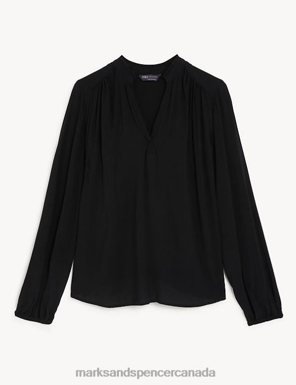 Marks and Spencer near me - Women Black Clothing Marks & Spencer Collarless Regular Fit Long Sleeve Blouse 20VTD2244