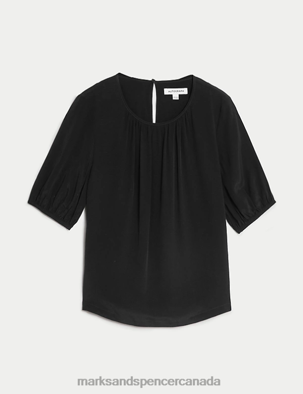 Marks and Spencer Canada - Women Black Clothing Marks & Spencer Cupro Rich Round Neck Puff Sleeve Blouse 20VTD2080