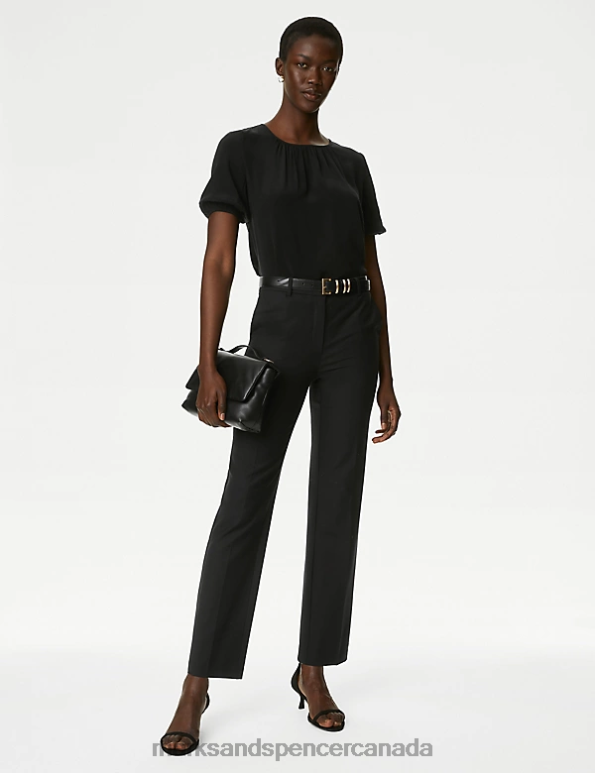 Marks and Spencer Canada - Women Black Clothing Marks & Spencer Cupro Rich Round Neck Puff Sleeve Blouse 20VTD2080