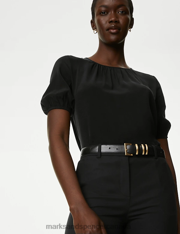 Marks and Spencer Canada - Women Black Clothing Marks & Spencer Cupro Rich Round Neck Puff Sleeve Blouse 20VTD2080