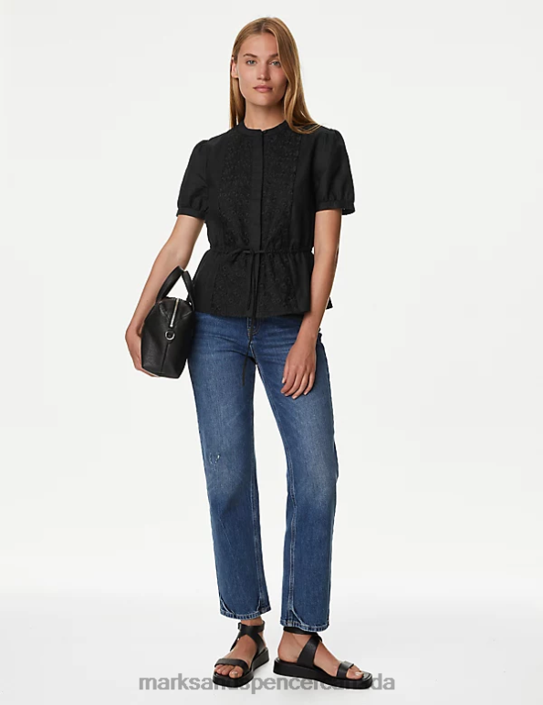 Women Black Clothing Marks & Spencer Linen Rich Embroidered High Neck Blouse 20VTD42 - Marks and Spencer Canada locations
