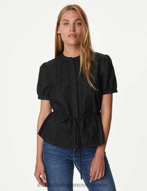 Women Black Clothing Marks & Spencer Linen Rich Embroidered High Neck Blouse 20VTD42 - Marks and Spencer Canada locations