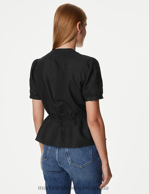 Women Black Clothing Marks & Spencer Linen Rich Embroidered High Neck Blouse 20VTD42 - Marks and Spencer Canada locations