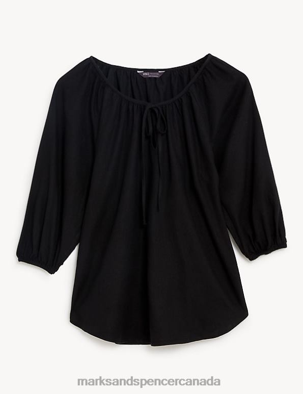 Marks and Spencer sale - Women Black Clothing Marks & Spencer Linen Rich Tie Neck Blouse 20VTD1957