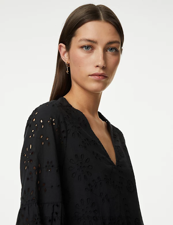 Women Black Clothing Marks & Spencer Pure Cotton Broderie V-Neck Blouse 20VTD396 - Marks and Spencer online