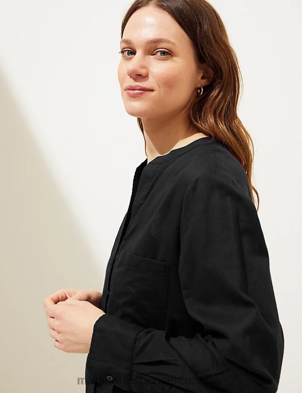 Women Black Clothing Marks & Spencer Pure Cotton Collarless Beach Cover Up Shirt 20VTD1137 - Marks and Spencer online