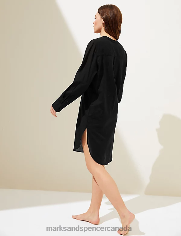 Women Black Clothing Marks & Spencer Pure Cotton Collarless Beach Cover Up Shirt 20VTD1137 - Marks and Spencer online