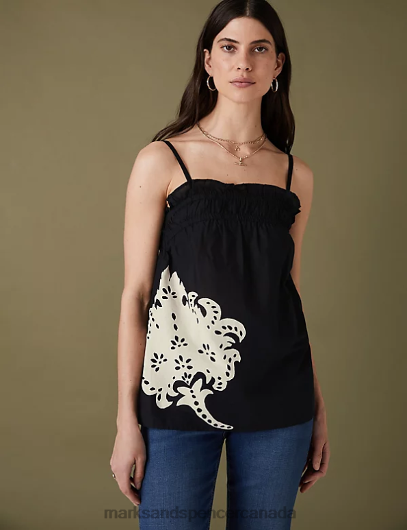 Marks and Spencer sale - Women Black Clothing Marks & Spencer Pure Cotton Floral Square Neck Blouse 20VTD1420