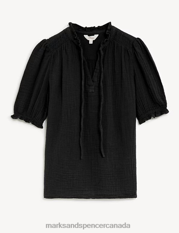 Women Black Clothing Marks & Spencer Pure Cotton Textured Notch Neck Blouse 20VTD1815 - Marks and Spencer outlet