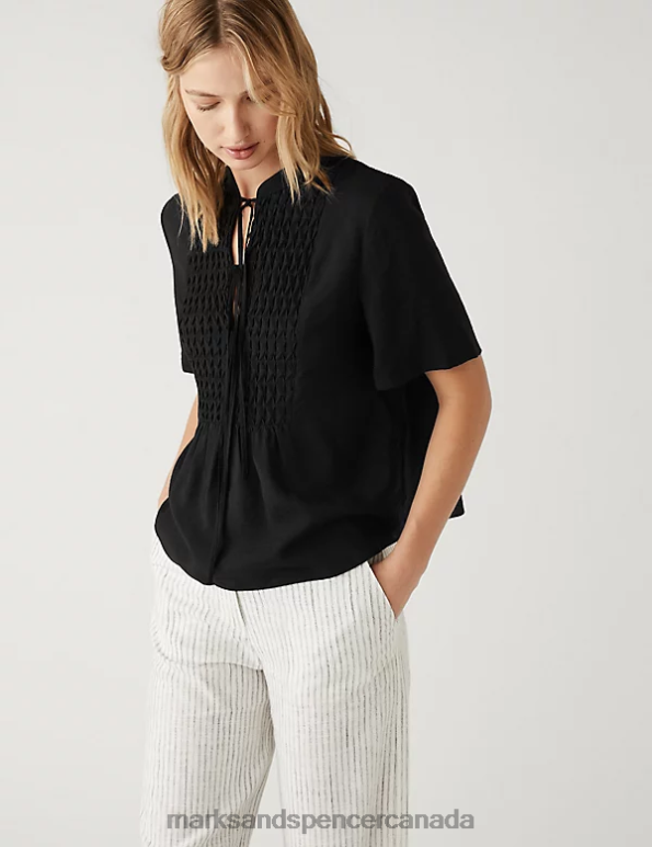 Women Black Clothing Marks & Spencer V-Neck Smocked Popover Blouse 20VTD3124 - Marks and Spencer online