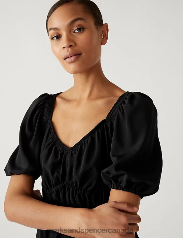 Marks and Spencer sale - Women Black Clothing Marks & Spencer Waisted Puff Sleeve Blouse 20VTD2789