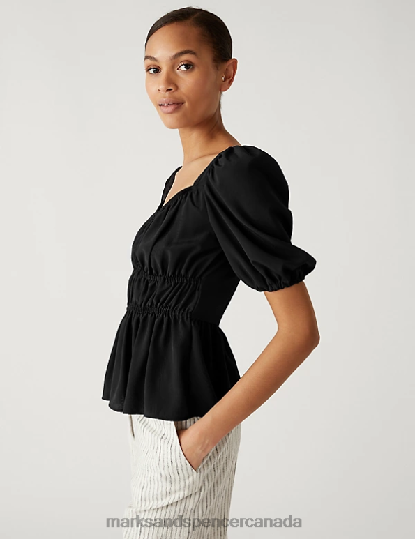 Marks and Spencer sale - Women Black Clothing Marks & Spencer Waisted Puff Sleeve Blouse 20VTD2789