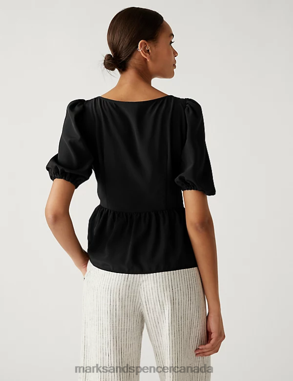 Marks and Spencer sale - Women Black Clothing Marks & Spencer Waisted Puff Sleeve Blouse 20VTD2789