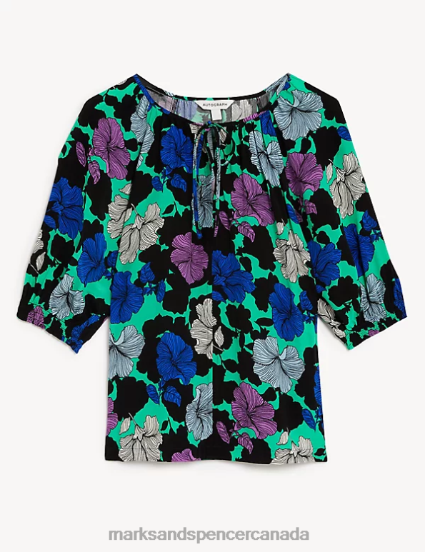 Women Black Mix Clothing Marks & Spencer Cupro Rich Printed Tie Neck Blouse 20VTD1014 - Marks and Spencer Canada locations