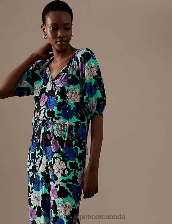 Women Black Mix Clothing Marks & Spencer Cupro Rich Printed Tie Neck Blouse 20VTD1014 - Marks and Spencer Canada locations