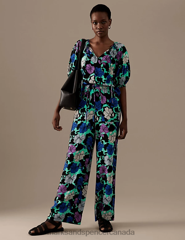 Women Black Mix Clothing Marks & Spencer Cupro Rich Printed Tie Neck Blouse 20VTD1014 - Marks and Spencer Canada locations