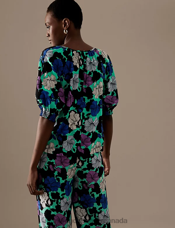 Women Black Mix Clothing Marks & Spencer Cupro Rich Printed Tie Neck Blouse 20VTD1014 - Marks and Spencer Canada locations