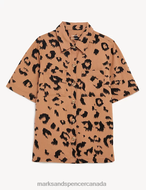 Women Black Mix Clothing Marks & Spencer Linen Rich Animal Print Collared Shirt 20VTD1683 - Marks and Spencer Canada locations