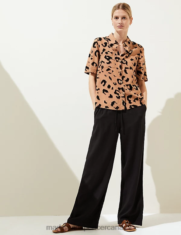 Women Black Mix Clothing Marks & Spencer Linen Rich Animal Print Collared Shirt 20VTD1683 - Marks and Spencer Canada locations