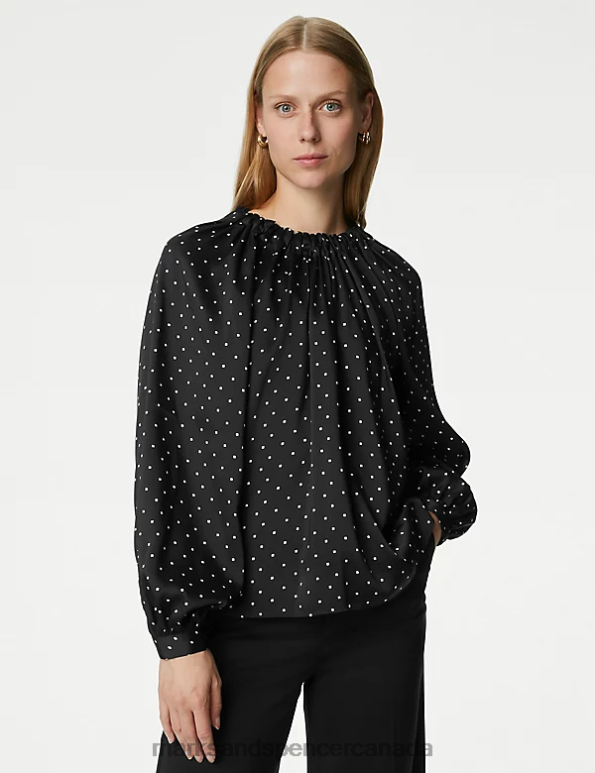 Marks and Spencer sale - Women Black Mix Clothing Marks & Spencer Printed Blouson Sleeve Blouse 20VTD255