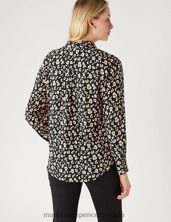 Women Black Mix Clothing Marks & Spencer Printed Collared Relaxed Shirt 20VTD2289 - Marks and Spencer online