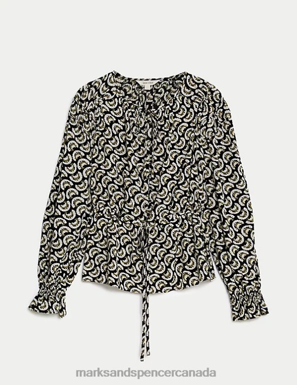 Women Black Mix Clothing Marks & Spencer Printed Shirred Tie Neck Blouse 20VTD1007 - Marks and Spencer online