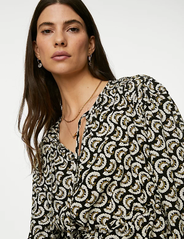 Women Black Mix Clothing Marks & Spencer Printed Shirred Tie Neck Blouse 20VTD1007 - Marks and Spencer online