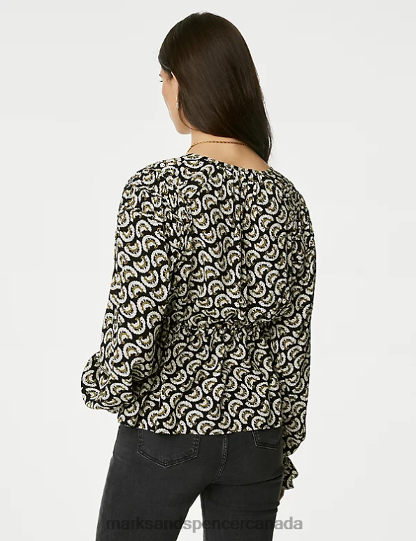 Women Black Mix Clothing Marks & Spencer Printed Shirred Tie Neck Blouse 20VTD1007 - Marks and Spencer online