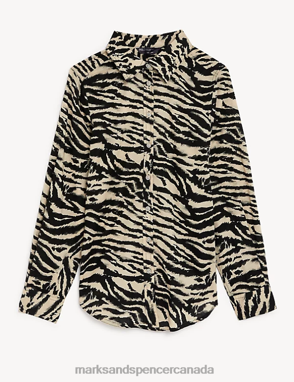 Marks and Spencer Canada - Women Black Mix Clothing Marks & Spencer Pure Cotton Printed Collared Shirt 20VTD1821