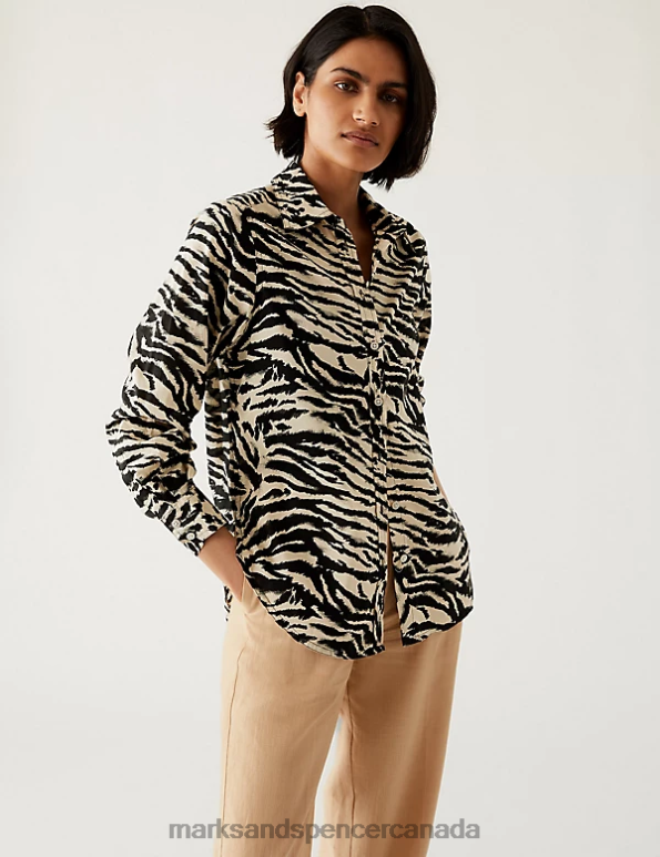 Marks and Spencer Canada - Women Black Mix Clothing Marks & Spencer Pure Cotton Printed Collared Shirt 20VTD1821