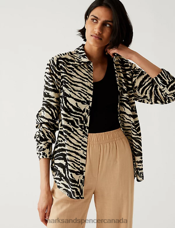 Marks and Spencer Canada - Women Black Mix Clothing Marks & Spencer Pure Cotton Printed Collared Shirt 20VTD1821