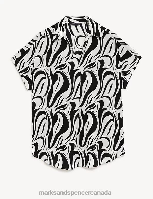 Marks and Spencer Canada - Women Black Mix Clothing Marks & Spencer Satin Printed Popover Blouse 20VTD3049