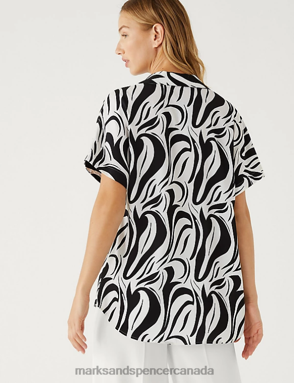 Marks and Spencer Canada - Women Black Mix Clothing Marks & Spencer Satin Printed Popover Blouse 20VTD3049