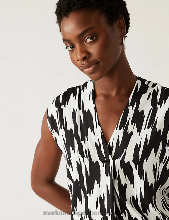 Women Black Mix Clothing Marks & Spencer Satin Printed V-Neck Popover Blouse 20VTD1856 - Marks and Spencer Canada locations