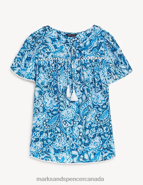 Marks and Spencer Canada - Women Blue Mix Clothing Marks & Spencer Cotton Blend Printed Tie Neck Blouse 20VTD2415