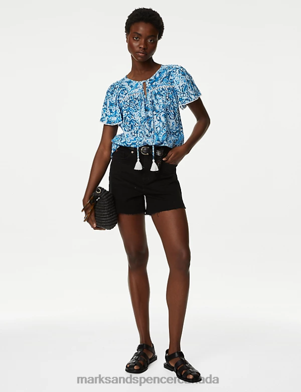 Marks and Spencer Canada - Women Blue Mix Clothing Marks & Spencer Cotton Blend Printed Tie Neck Blouse 20VTD2415
