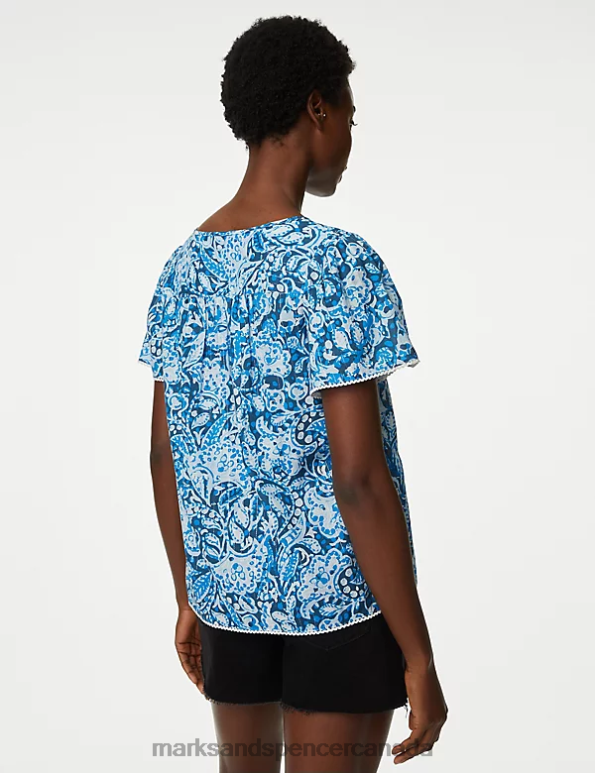 Marks and Spencer Canada - Women Blue Mix Clothing Marks & Spencer Cotton Blend Printed Tie Neck Blouse 20VTD2415