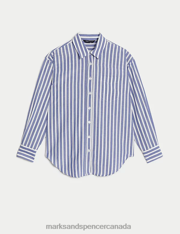 Marks and Spencer Canada - Women Blue Mix Clothing Marks & Spencer Cotton Blend Striped Collared Shirt 20VTD554