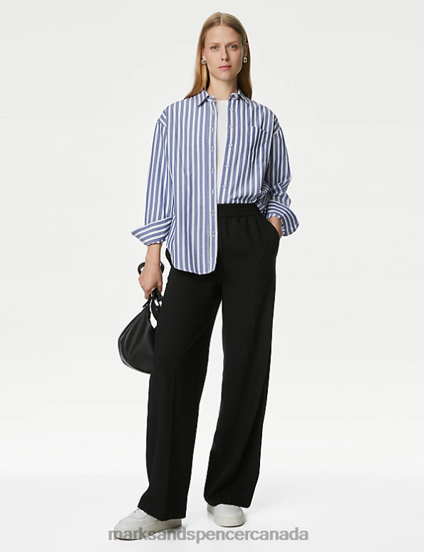 Marks and Spencer Canada - Women Blue Mix Clothing Marks & Spencer Cotton Blend Striped Collared Shirt 20VTD554