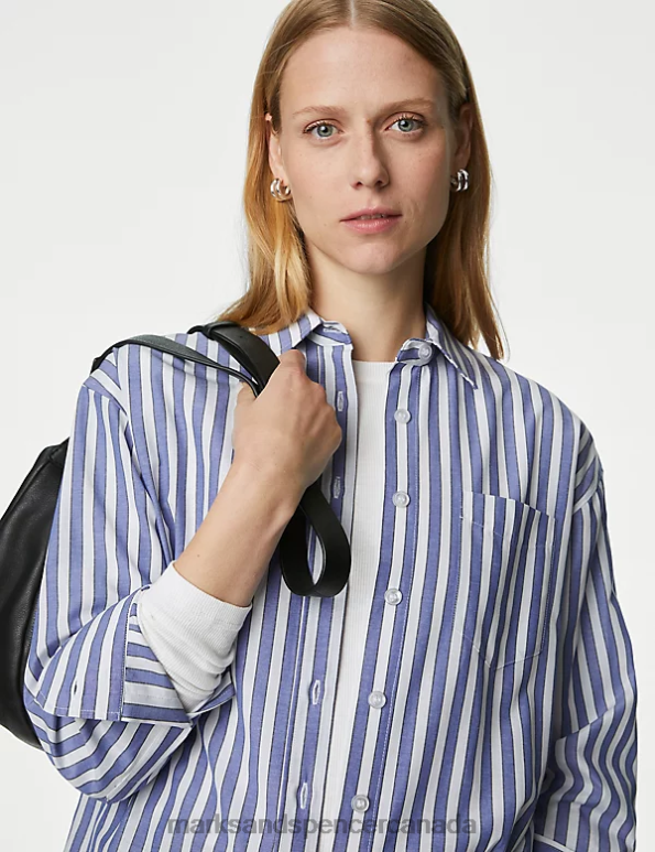 Marks and Spencer Canada - Women Blue Mix Clothing Marks & Spencer Cotton Blend Striped Collared Shirt 20VTD554