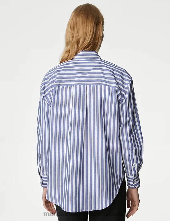 Marks and Spencer Canada - Women Blue Mix Clothing Marks & Spencer Cotton Blend Striped Collared Shirt 20VTD554